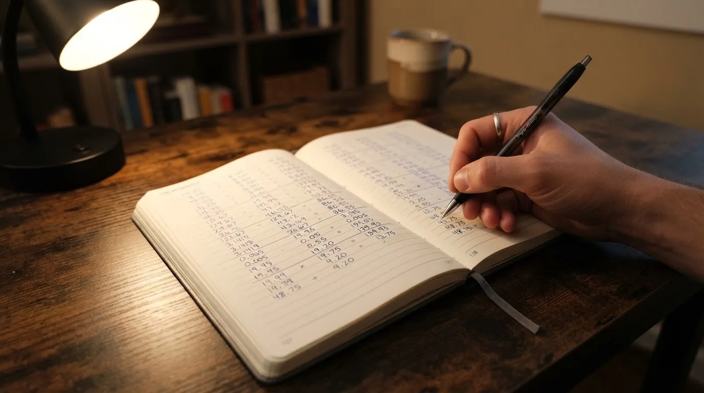Ein Taschenrechner und ein aufgeschlagenes Notizbuch mit handschriftlichen Zahlenreihen liegen unter einer Schreibtischlampe.