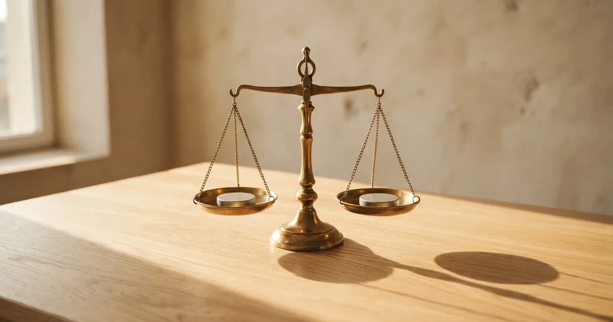 Eine Balkenwaage aus Messing steht im Gleichgewicht auf einem hellen Tisch, links und rechts je eine Münze, dahinter eine unscharfe Wand.