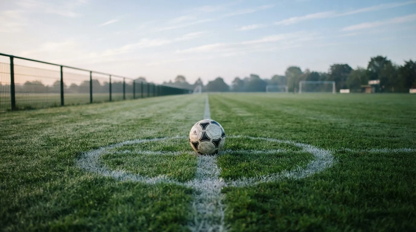 Ein Fußball liegt allein auf dem Anstoßpunkt eines leeren Rasenplatzes im Morgenlicht, am Rand ein niedriger Zaun.