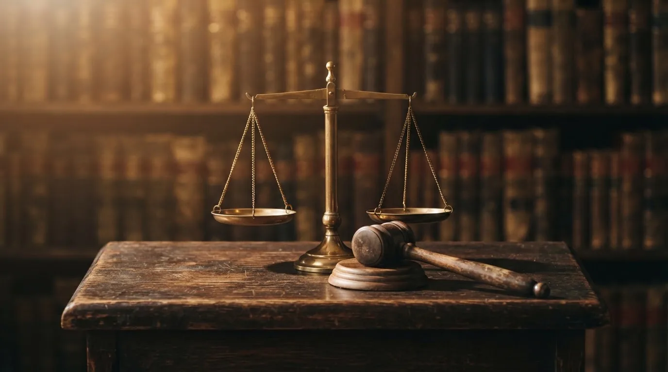 Eine Balkenwaage aus Messing steht neben einem hölzernen Richterhammer auf einem dunklen Pult, im Hintergrund ein unscharfes Bücherregal.