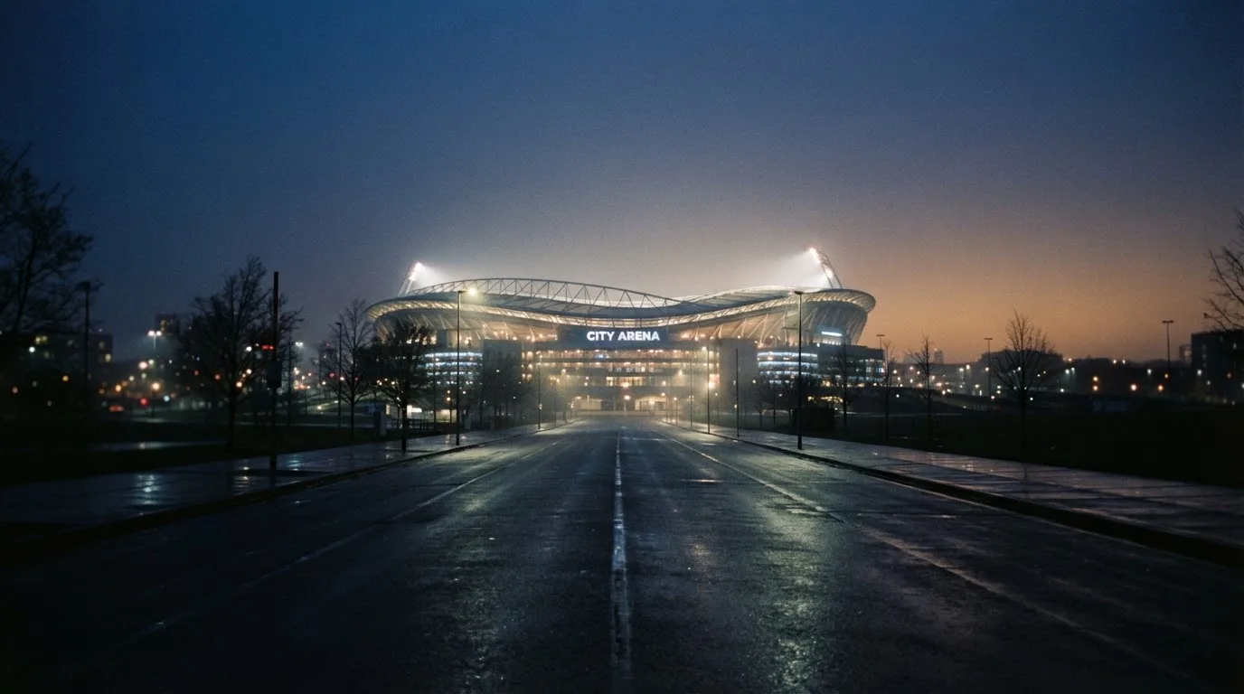 Ein Stadion unter Flutlicht aus der Ferne gesehen, davor eine leere Straße in der Abenddämmerung mit leichtem Dunst.