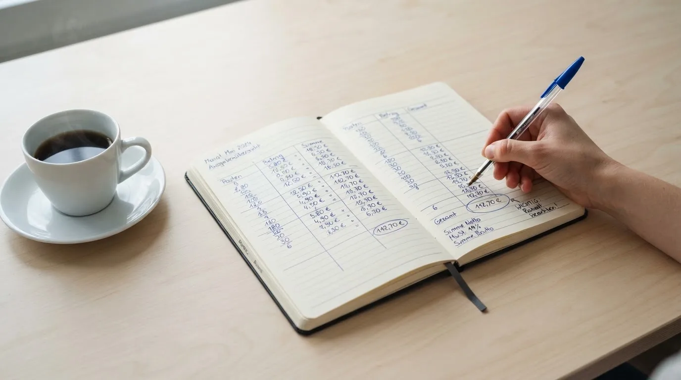 Ein Notizbuch mit handschriftlichen Rechnungen und ein Taschenrechner liegen auf einem hellen Schreibtisch neben einer Kaffeetasse.