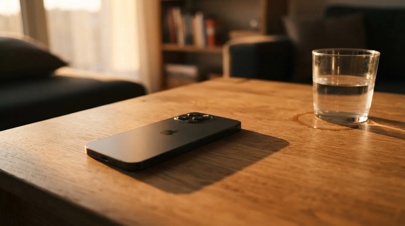 Ein Smartphone liegt mit dem Display nach unten auf einem Holztisch neben einem Glas Wasser, Abendlicht fällt durch ein Fenster.