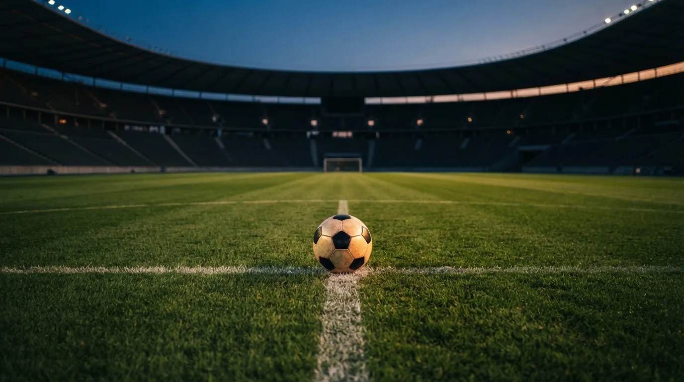 Ein Fußball liegt auf dem Anstoßpunkt eines leeren Rasenplatzes, dahinter ragen dunkle Ränge in den Abendhimmel.