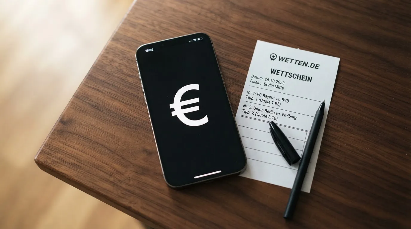 Ein Smartphone mit dunklem Display liegt neben einem leeren Papier-Wettschein und einem Stift auf einem Holztisch.