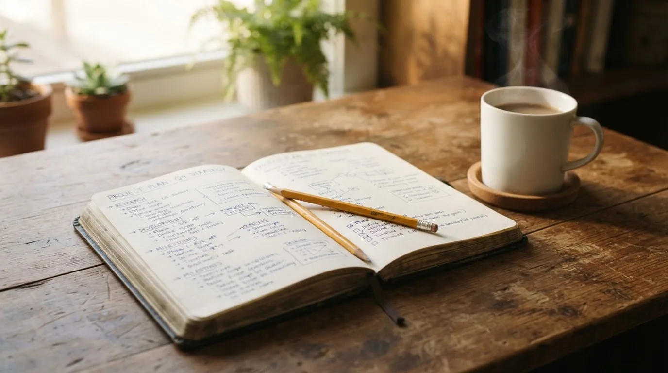 Ein Notizbuch mit handschriftlichen Notizen und einem Bleistift liegt auf einem Tisch, daneben steht eine Kaffeetasse im Morgenlicht.