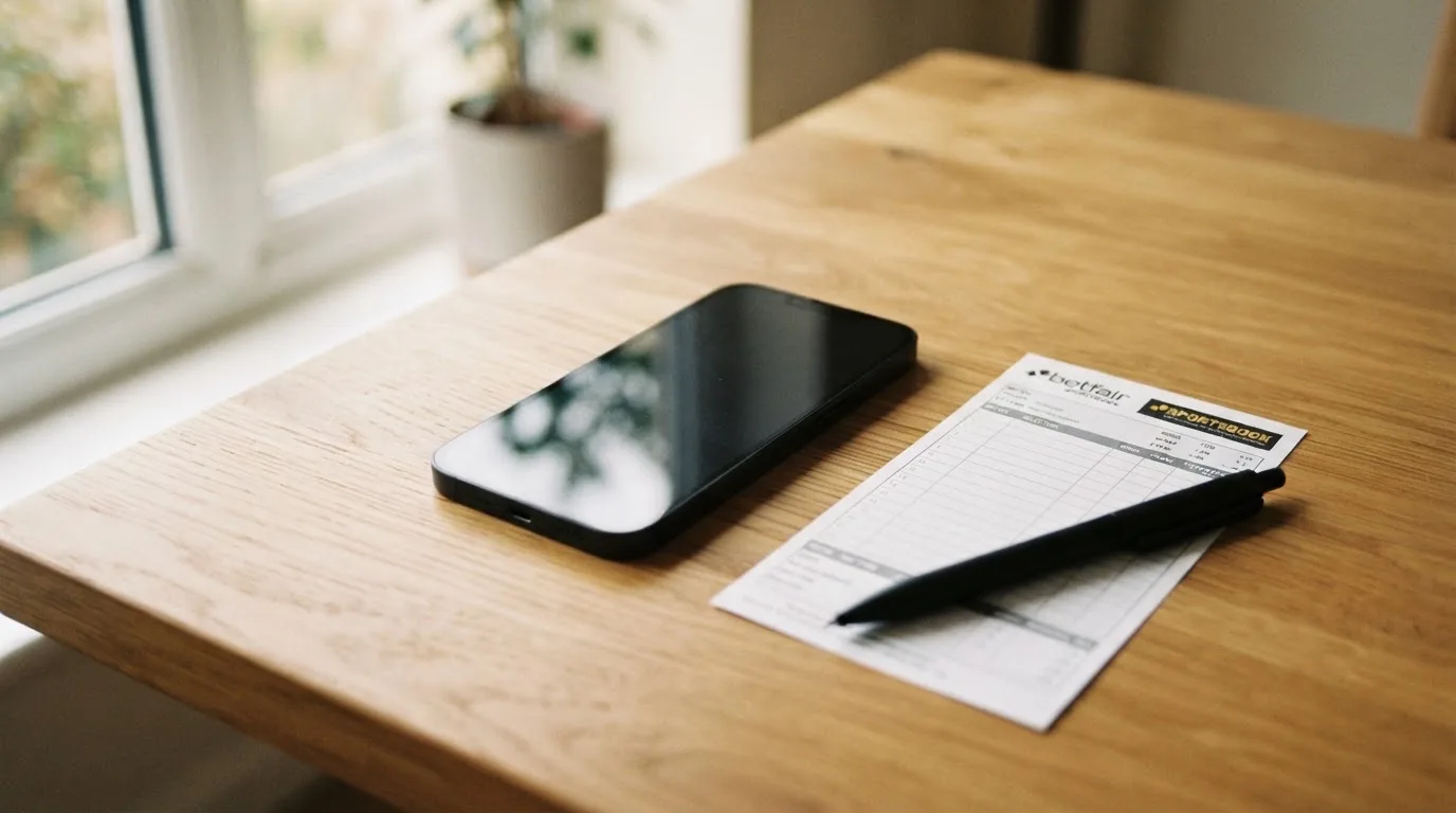 Ein Smartphone liegt mit dunklem Display auf einem Holztisch neben einem leeren Papier-Wettschein, Licht fällt von einem Fenster.