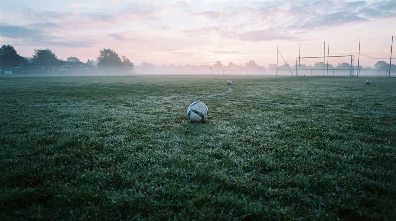 Mehrere Fußbälle liegen verstreut auf einem Rasenplatz am frühen Morgen, Tau glänzt auf dem Gras.