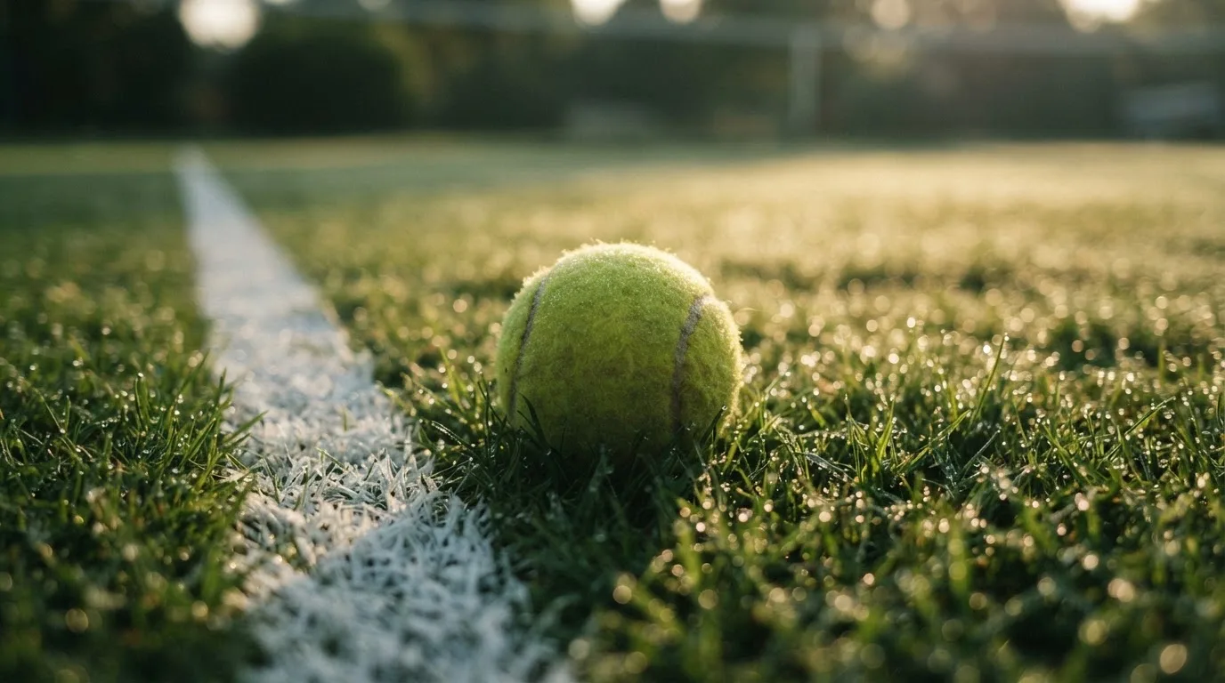 Ein Tennisball liegt auf frisch gemähtem Gras neben einer weißen Linie, Tautropfen glänzen im Gegenlicht.