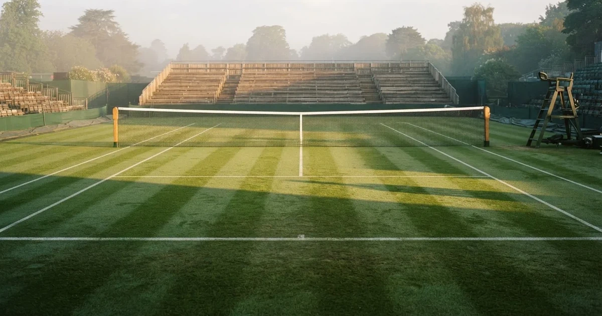 Ein Tennisplatz mit Rasenbelag im Morgenlicht, Netz und weiße Linien, im Hintergrund eine ruhige Tribüne.