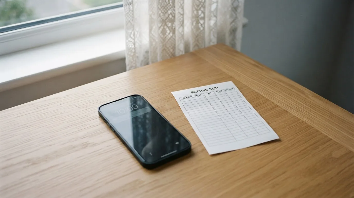 Ein Smartphone mit dunklem Display liegt neben einem leeren Papier-Wettschein auf einem Tisch am Fenster.