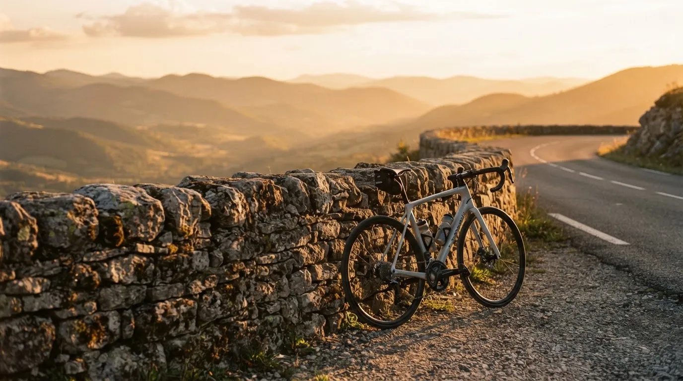 Ein Rennrad lehnt an einer Steinmauer in einer Bergkurve, im Hintergrund eine weite Hügellandschaft im Gegenlicht.