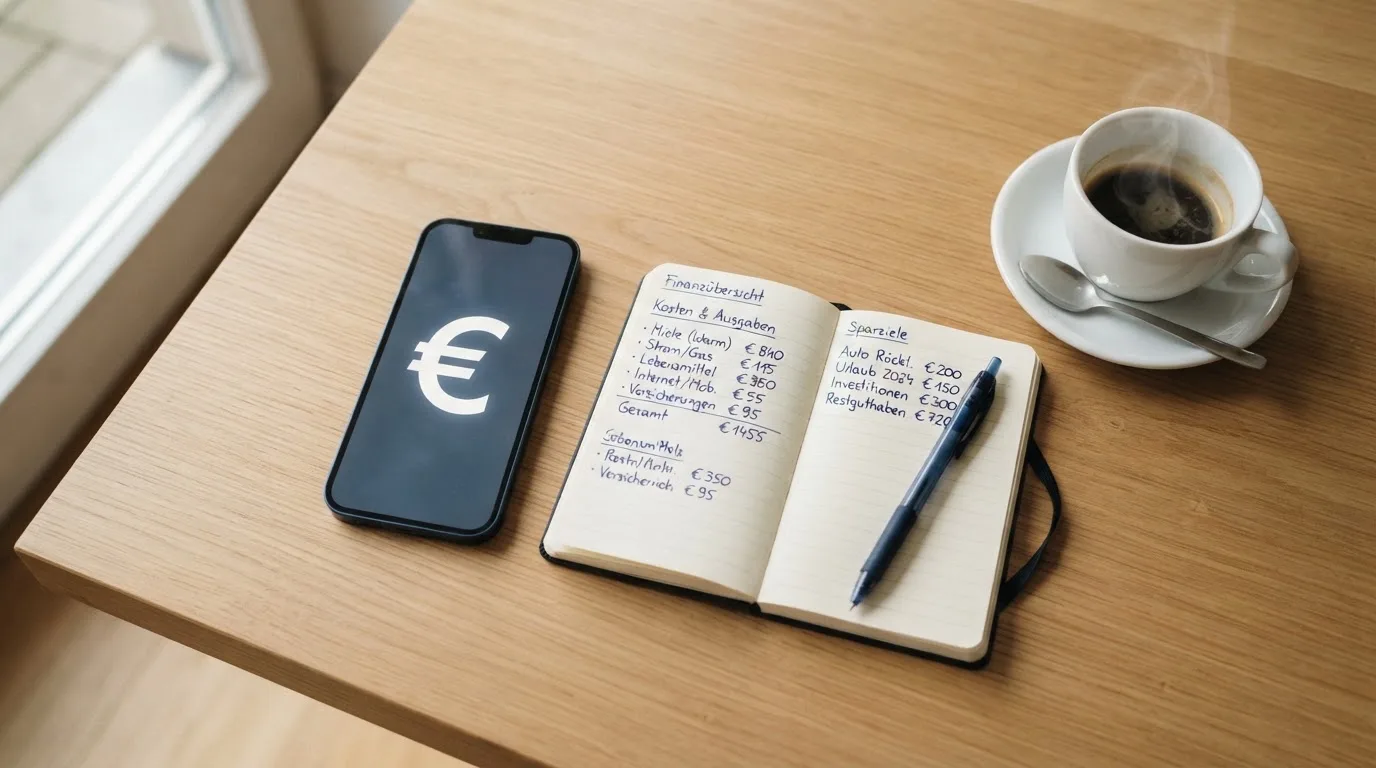 Ein Smartphone liegt auf einem Tisch neben einem Notizbuch mit handschriftlichen Notizen und einer Tasse Kaffee.