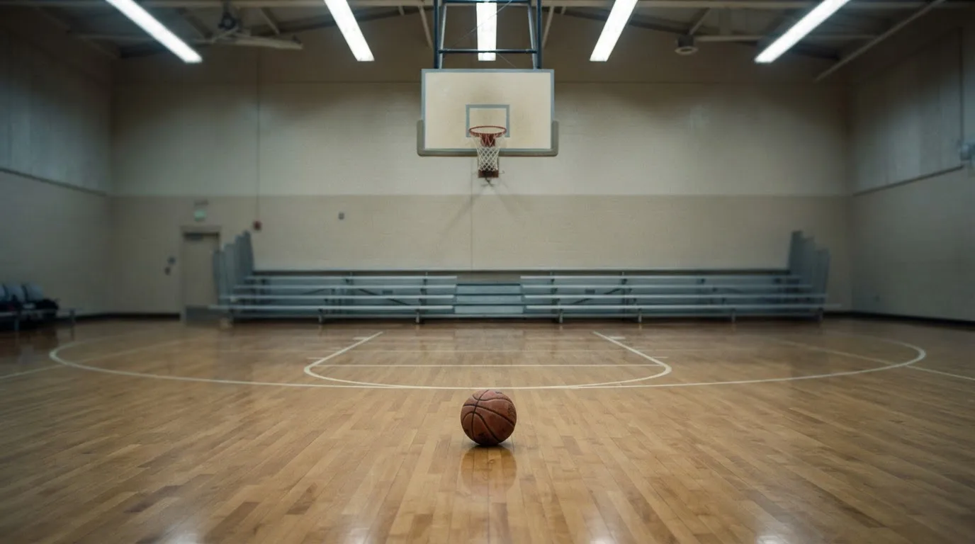 Ein Basketballkorb in einer leeren Halle, der Ball liegt unter dem Brett auf dem Parkett.