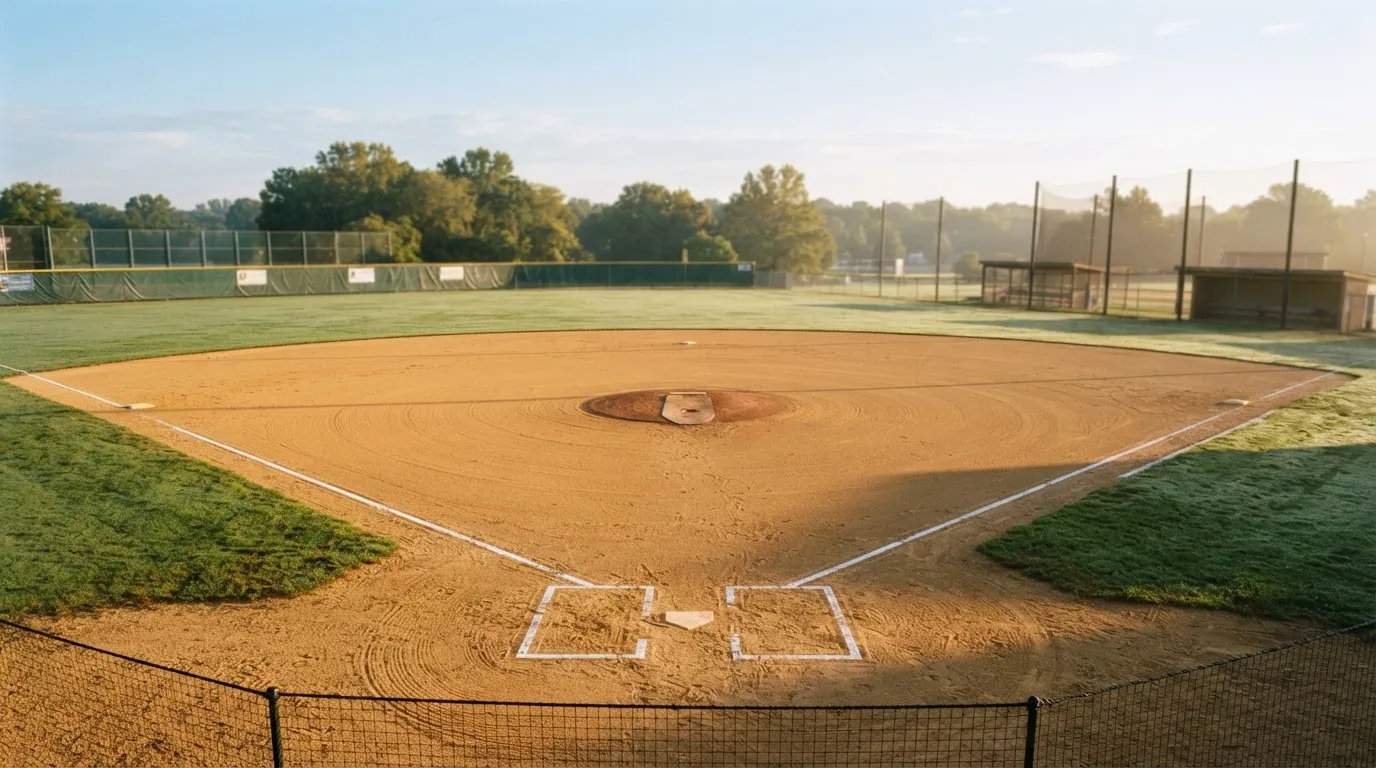 Ein Baseballfeld mit leerem Infield im Morgenlicht, die Linien frisch gezogen, keine Spieler im Bild.