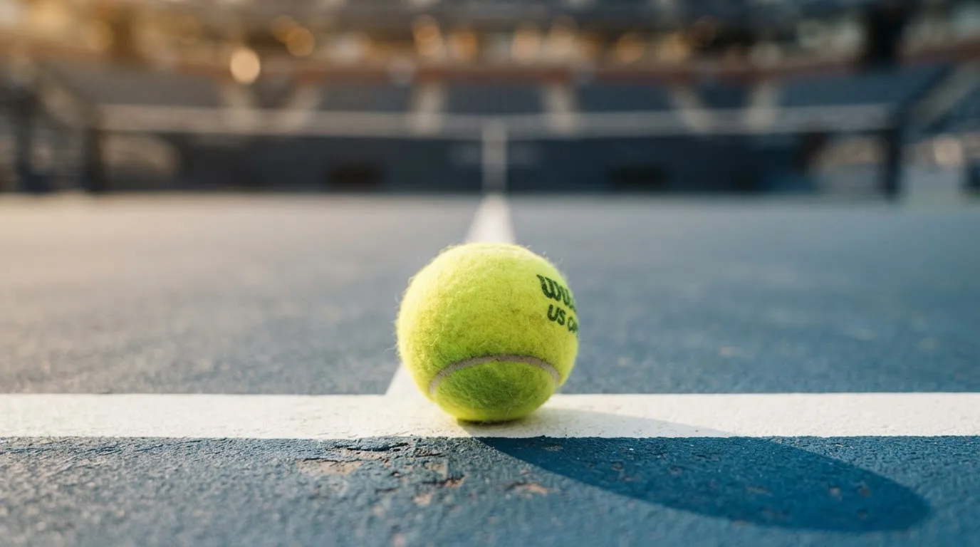 Ein Tennisball liegt in Nahaufnahme auf einer Grundlinie, dahinter verschwimmt ein leerer Platz in warmem Licht.