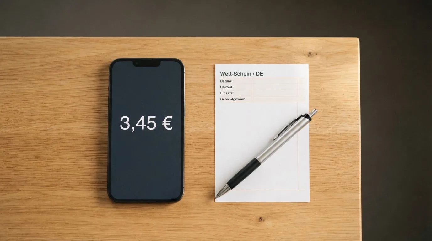 Ein Smartphone mit dunklem Display liegt neben einem leeren Papier-Wettschein auf einem Tisch, Licht fällt von der Seite.