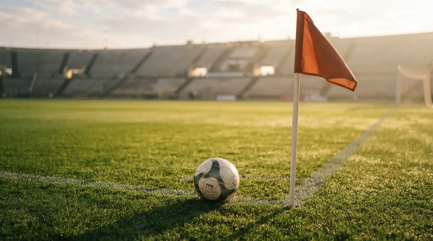 Ein Fußball liegt auf Rasen neben einer Eckfahne ohne Aufdruck auf einem leeren Platz im Morgenlicht.