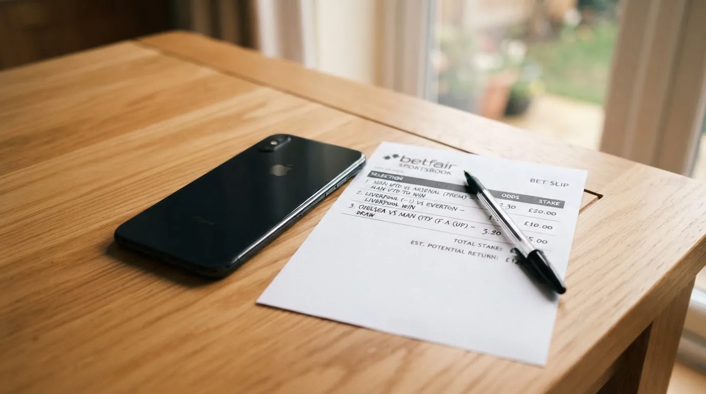 Ein Smartphone liegt mit dunklem Display neben einem leeren Papier-Wettschein und einem Stift auf einem Holztisch.