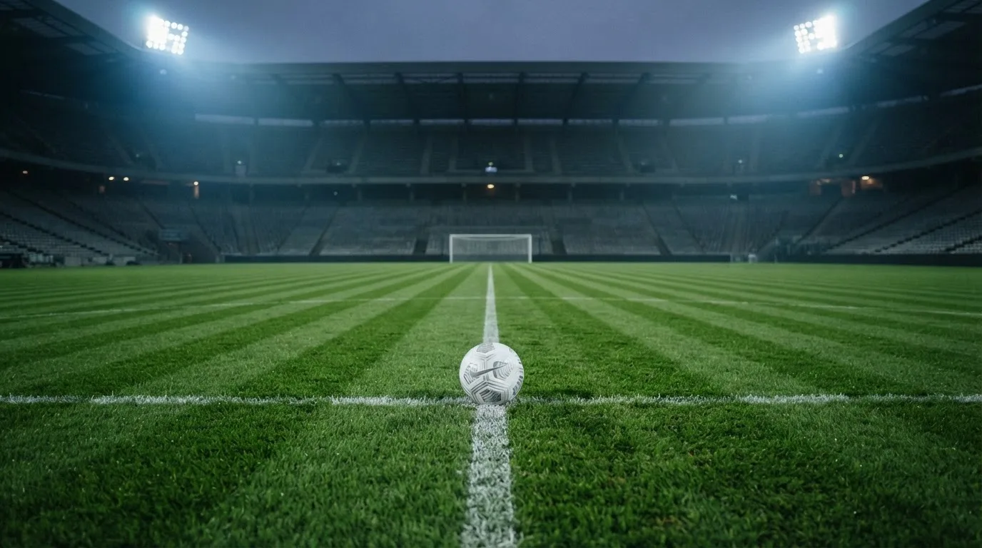 Ein Fußball liegt auf dem Anstoßpunkt eines Rasenplatzes, dahinter eine leere Tribüne im Abendlicht.