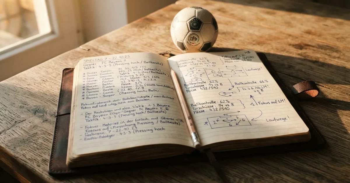 Ein Notizbuch mit handschriftlichen Notizen und einem Bleistift liegt auf einem Holztisch, daneben ein kleiner Fußball im Tageslicht.