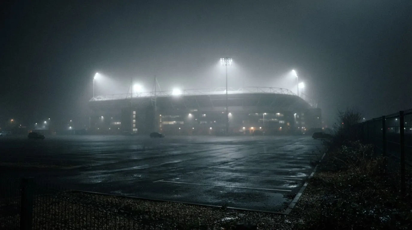 Ein Stadion unter Flutlicht aus der Ferne gesehen, davor ein stiller Parkplatz bei Nebel.