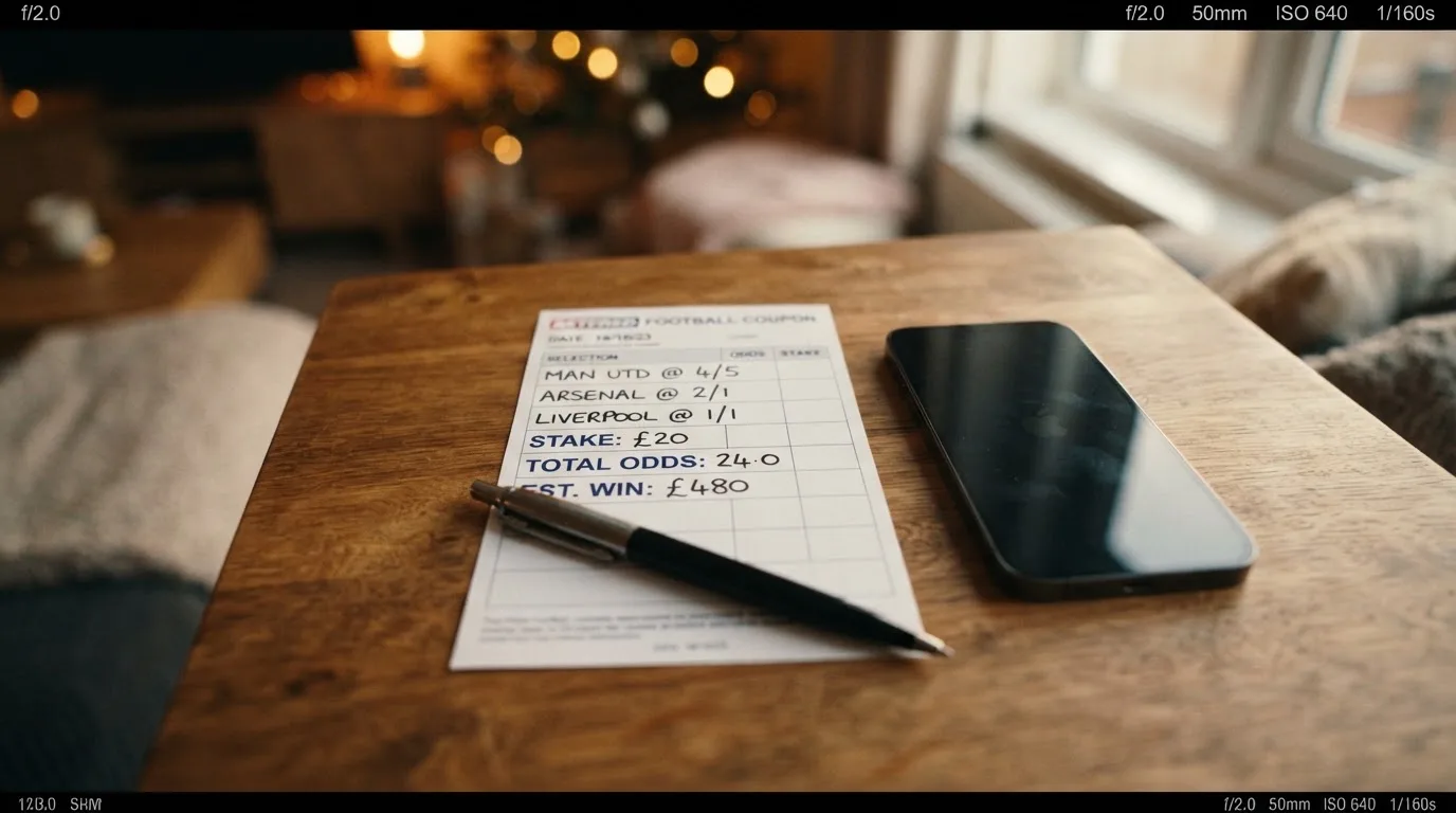 Ein leerer Papier-Wettschein und ein Kugelschreiber liegen neben einem Smartphone mit dunklem Display auf einem Schreibtisch am Fenster.