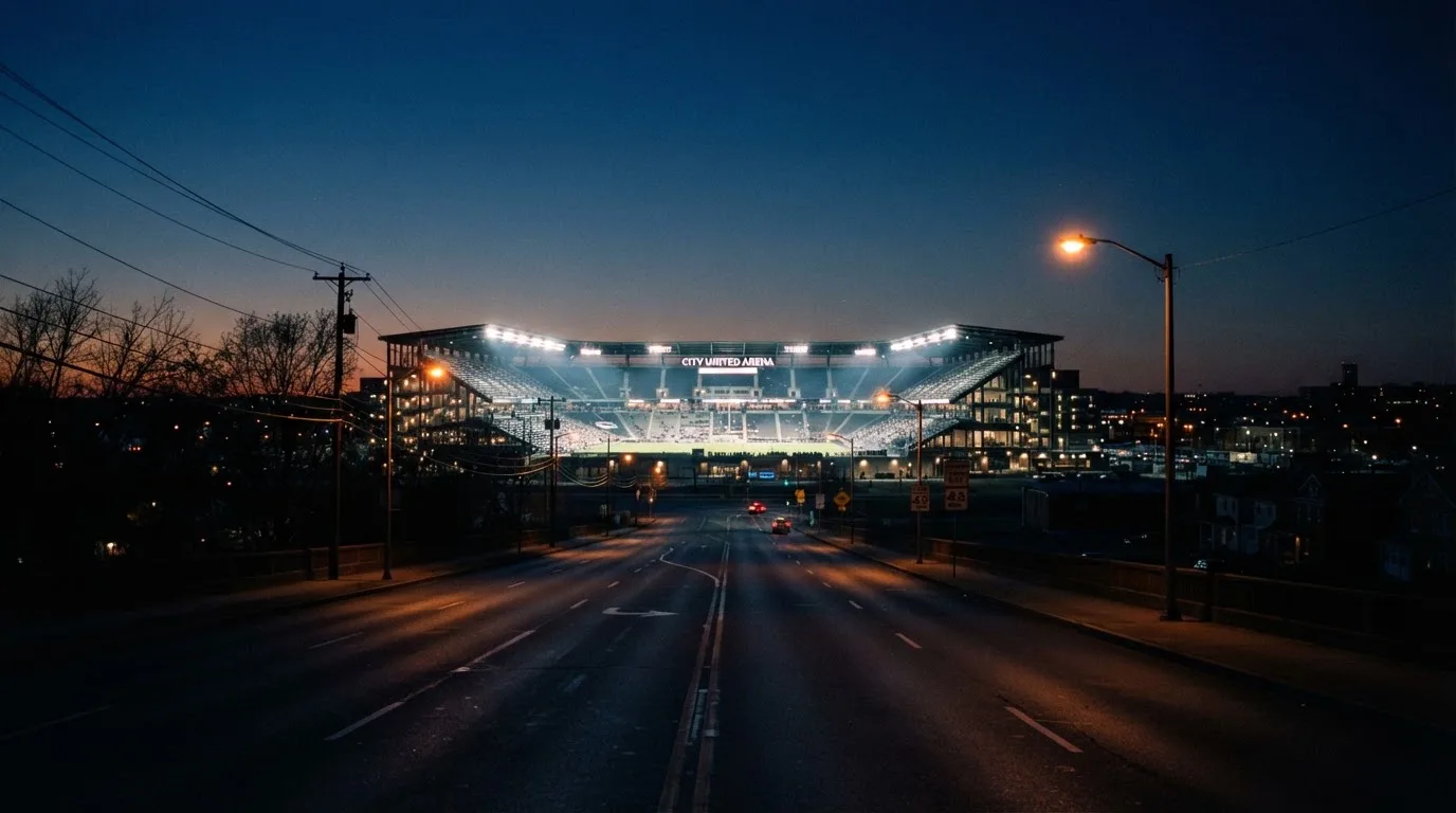 Ein Stadion unter Flutlicht aus großer Entfernung, davor eine leere Straße in der Abenddämmerung.