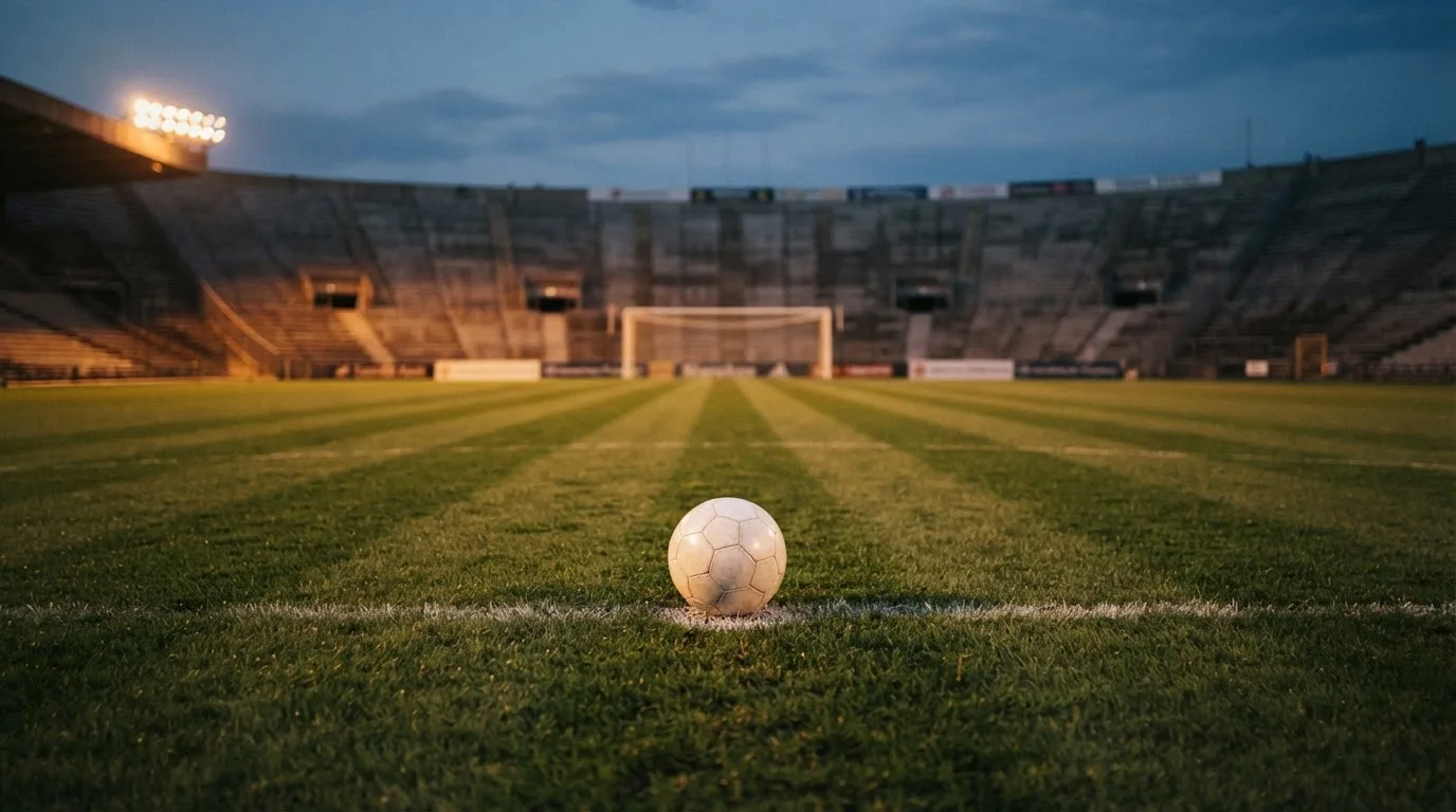 Ein Fußball liegt auf dem Anstoßpunkt eines Rasenplatzes, dahinter eine leere Tribüne im Abendlicht.