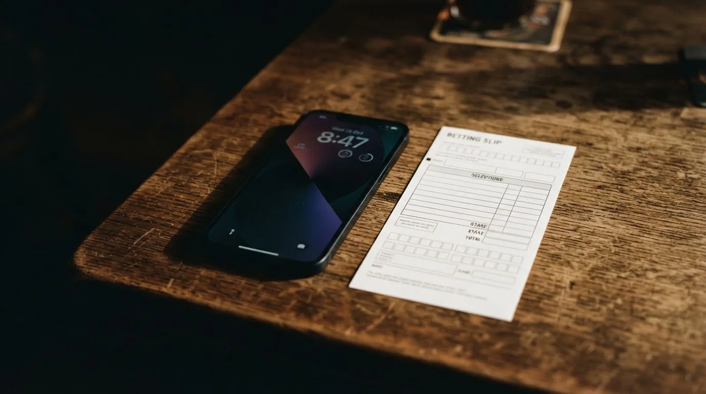 Ein Smartphone mit dunklem Display liegt neben einem leeren Papier-Wettschein auf einem Holztisch, Licht fällt von der Seite.