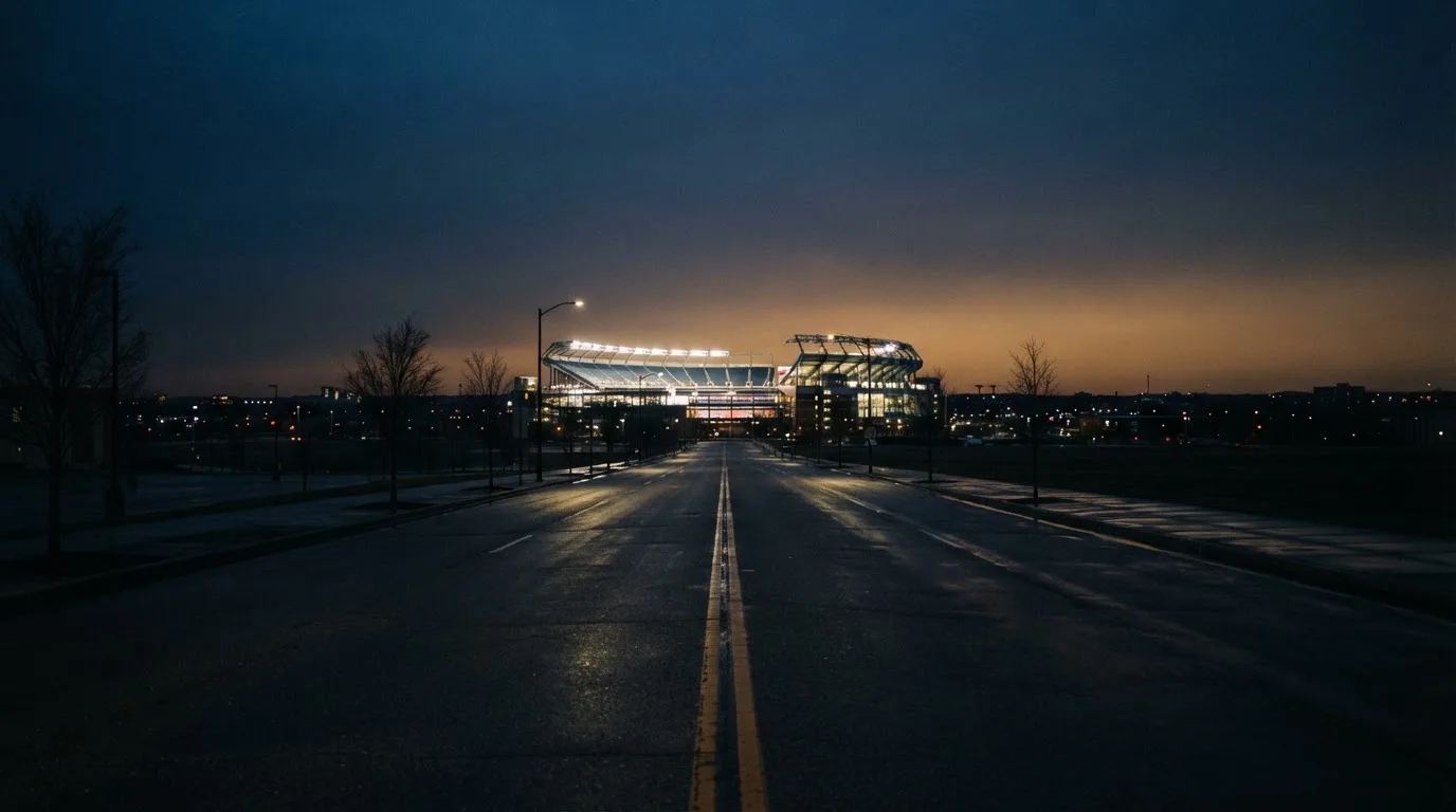Ein Stadion unter Flutlicht aus großer Entfernung, davor eine leere Straße in der Abenddämmerung.