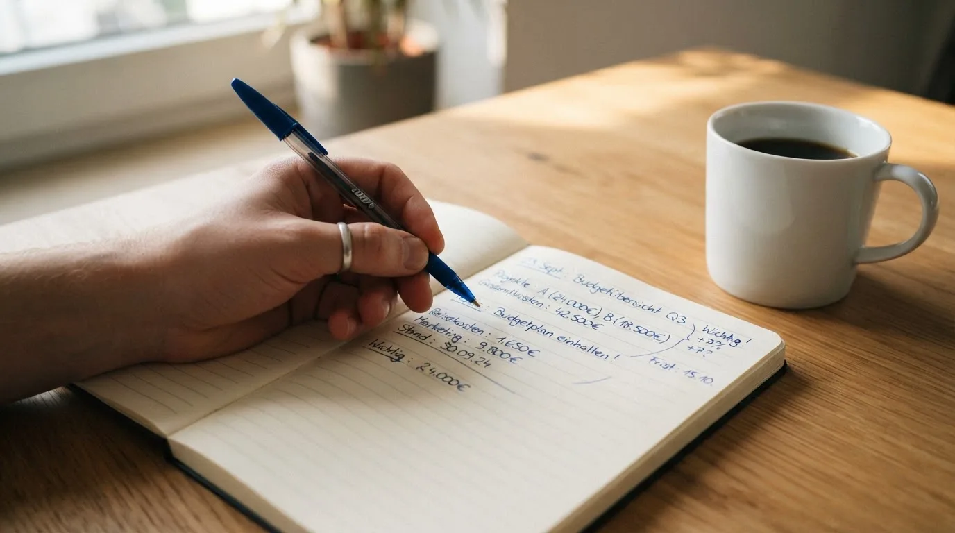 Ein Notizbuch mit handschriftlichen Notizen und ein Taschenrechner stehen auf einem Schreibtisch, daneben eine Tasse.