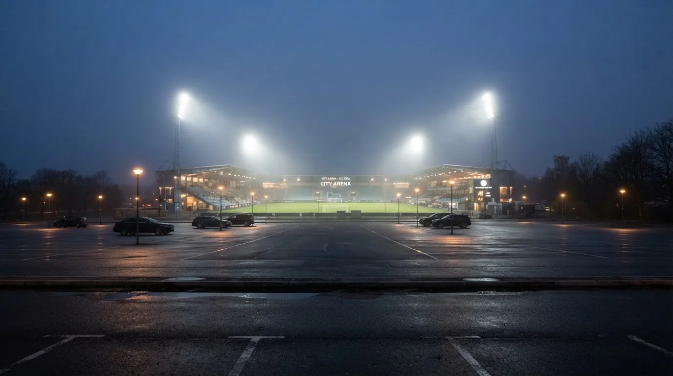 Ein Stadion unter Flutlicht aus der Ferne gesehen, davor ein leerer Parkplatz im Dunst.