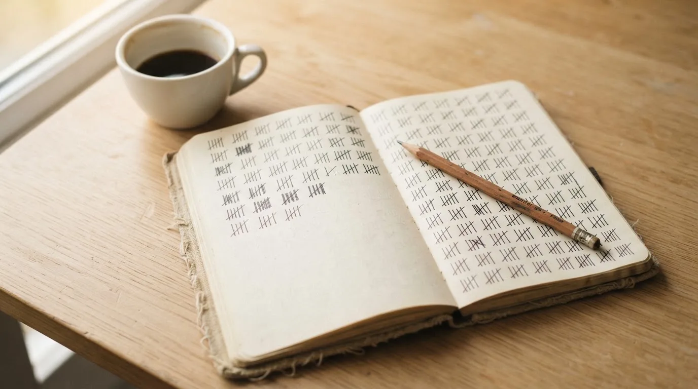 Ein Notizbuch mit handgeschriebenen Strichlisten liegt neben einem Bleistift und einer Kaffeetasse auf einem Holztisch.