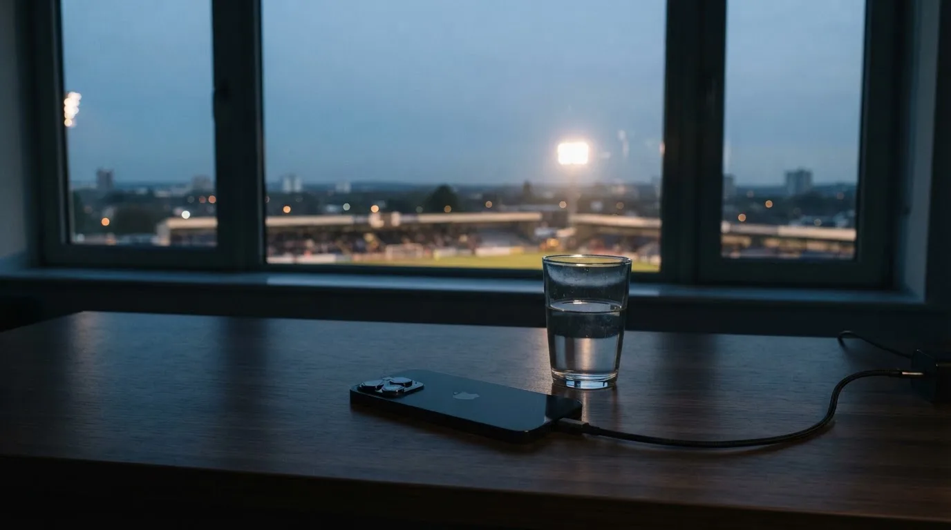 Ein Smartphone mit dunklem Display liegt auf einem Schreibtisch neben einem Glas Wasser, im Fenster dahinter ein Stadion im Dämmerlicht.