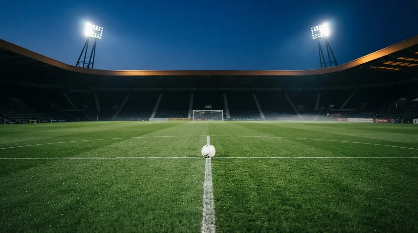 Ein Fußball liegt auf dem Mittelkreis eines leeren Rasenplatzes unter Flutlicht am frühen Abend, die Tribünen sind nur schemenhaft zu erkennen.