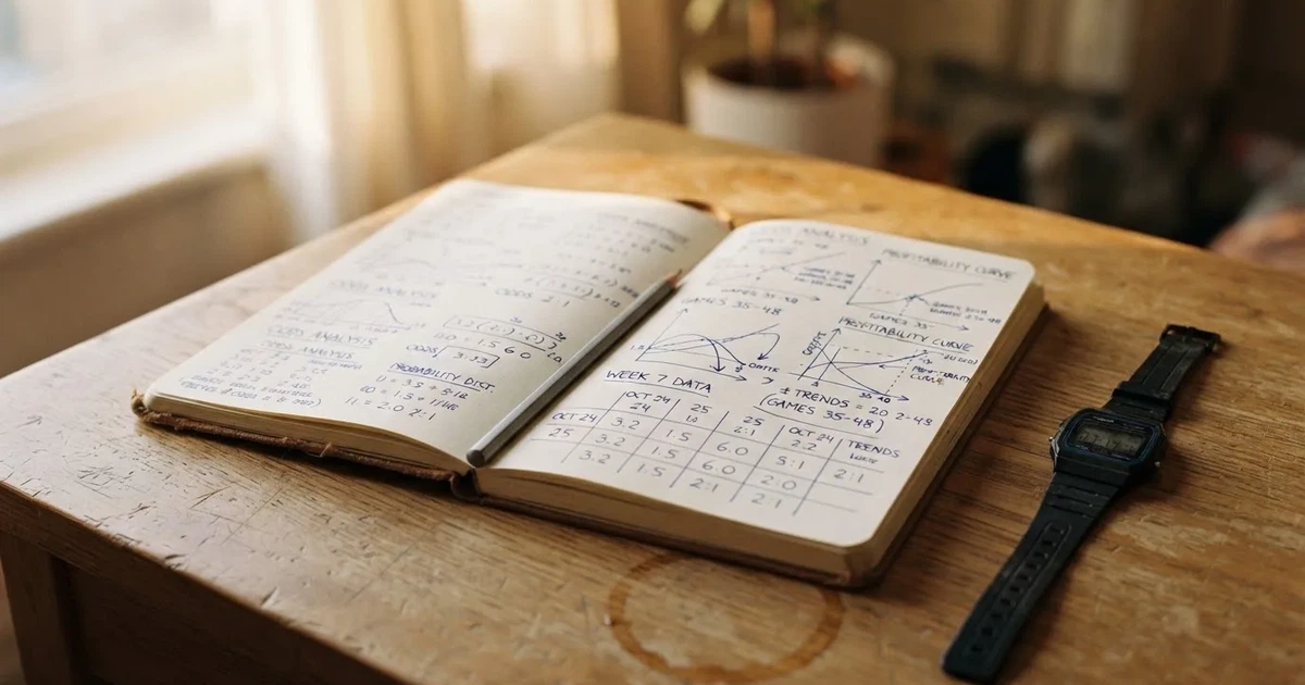 Ein aufgeschlagenes Notizbuch mit handgezeichneten Kurven und Strichen liegt neben einem Taschenrechner auf einem Schreibtisch im Morgenlicht.