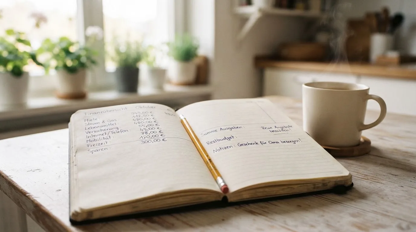 Ein Notizbuch mit handschriftlichen Zahlenreihen und ein Bleistift liegen auf einem Küchentisch neben einer Tasse.