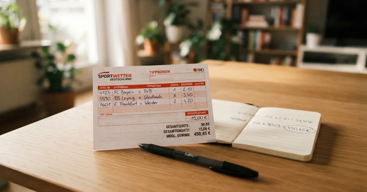 Ein leerer Wettschein aus Papier liegt neben einem Kugelschreiber und einem Taschenrechner auf einem hellen Tisch.