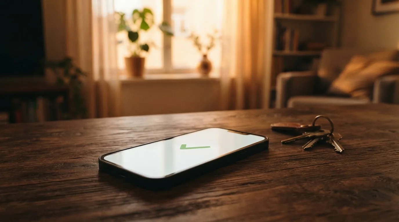 Ein Smartphone mit dunklem Display liegt auf einem Holztisch, daneben ein Schlüsselbund, im Hintergrund ein Fenster mit Abendlicht.
