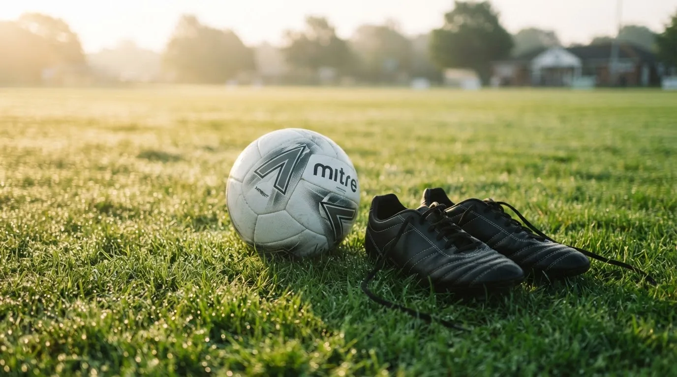 Ein Fußball auf frisch gemähtem Rasen im Morgenlicht, daneben ein Paar Fußballschuhe ohne erkennbare Marke.