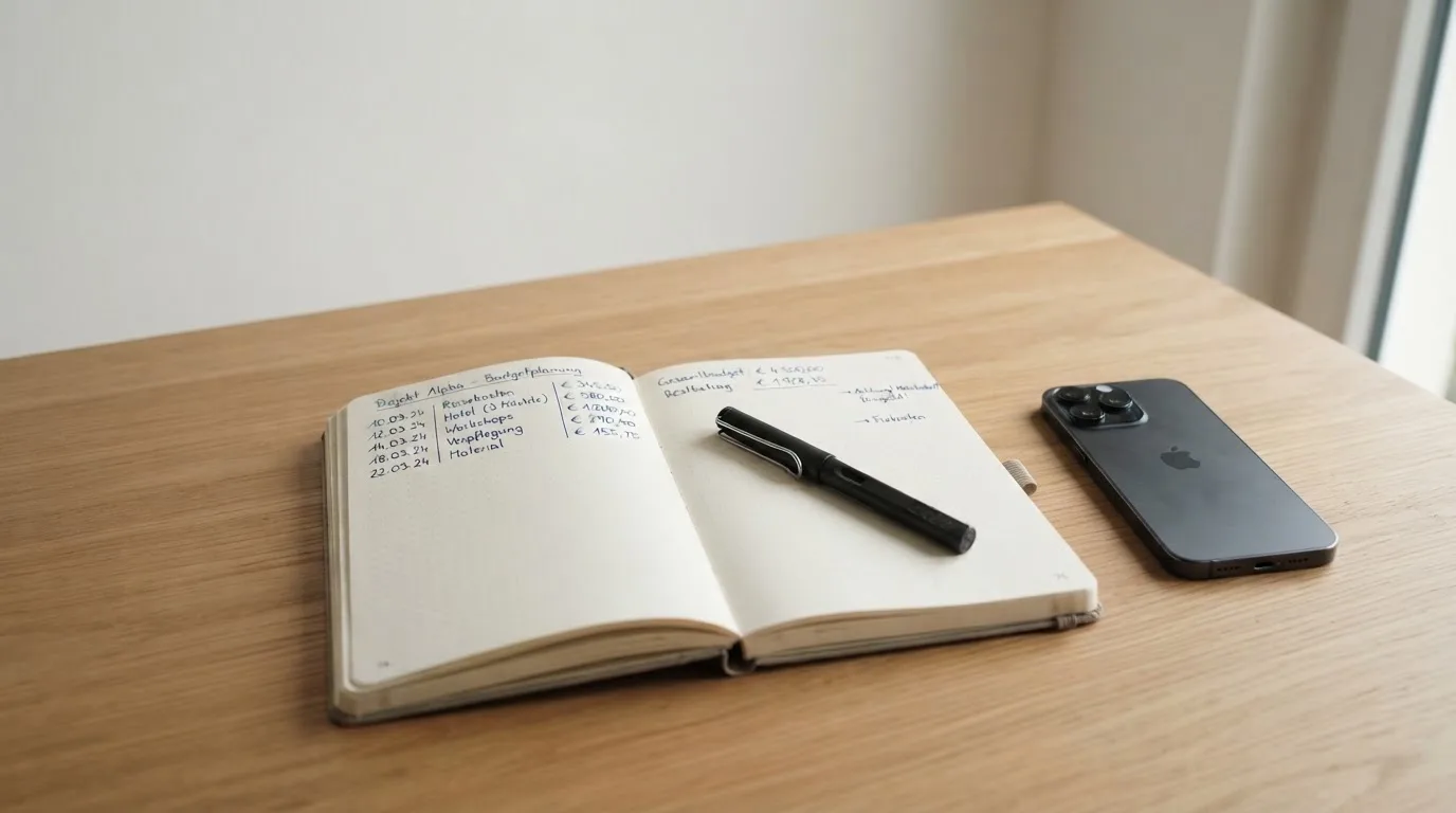 Ein Notizbuch mit handgeschriebenen Zahlen und ein Kugelschreiber liegen auf einem Tisch, daneben ein Smartphone mit schwarzem Bildschirm.