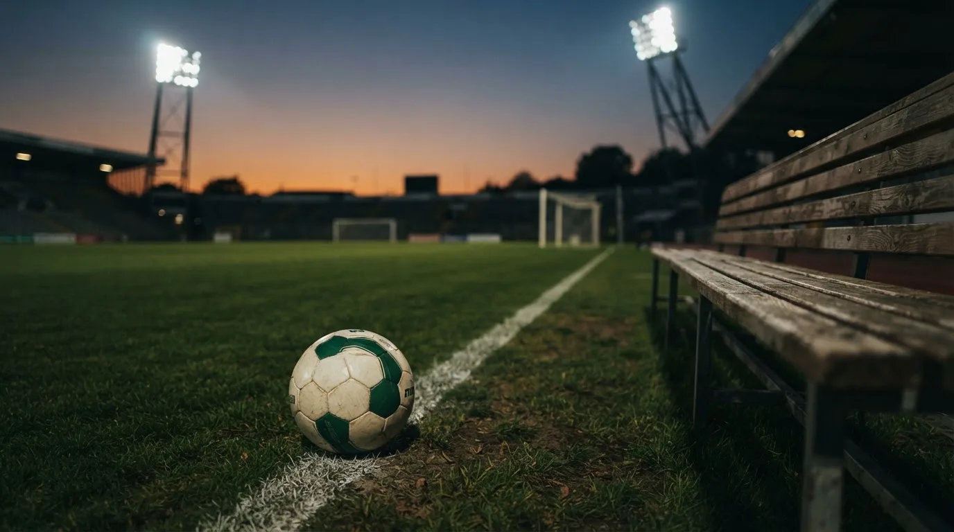Ein Fußball liegt am Spielfeldrand neben einer leeren Ersatzbank, das Flutlicht über dem Platz leuchtet in der Dämmerung.