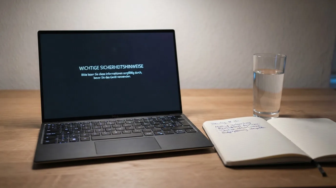Ein Laptop mit dunklem Bildschirm steht aufgeklappt auf einem Schreibtisch, daneben ein Notizbuch und ein Glas Wasser.
