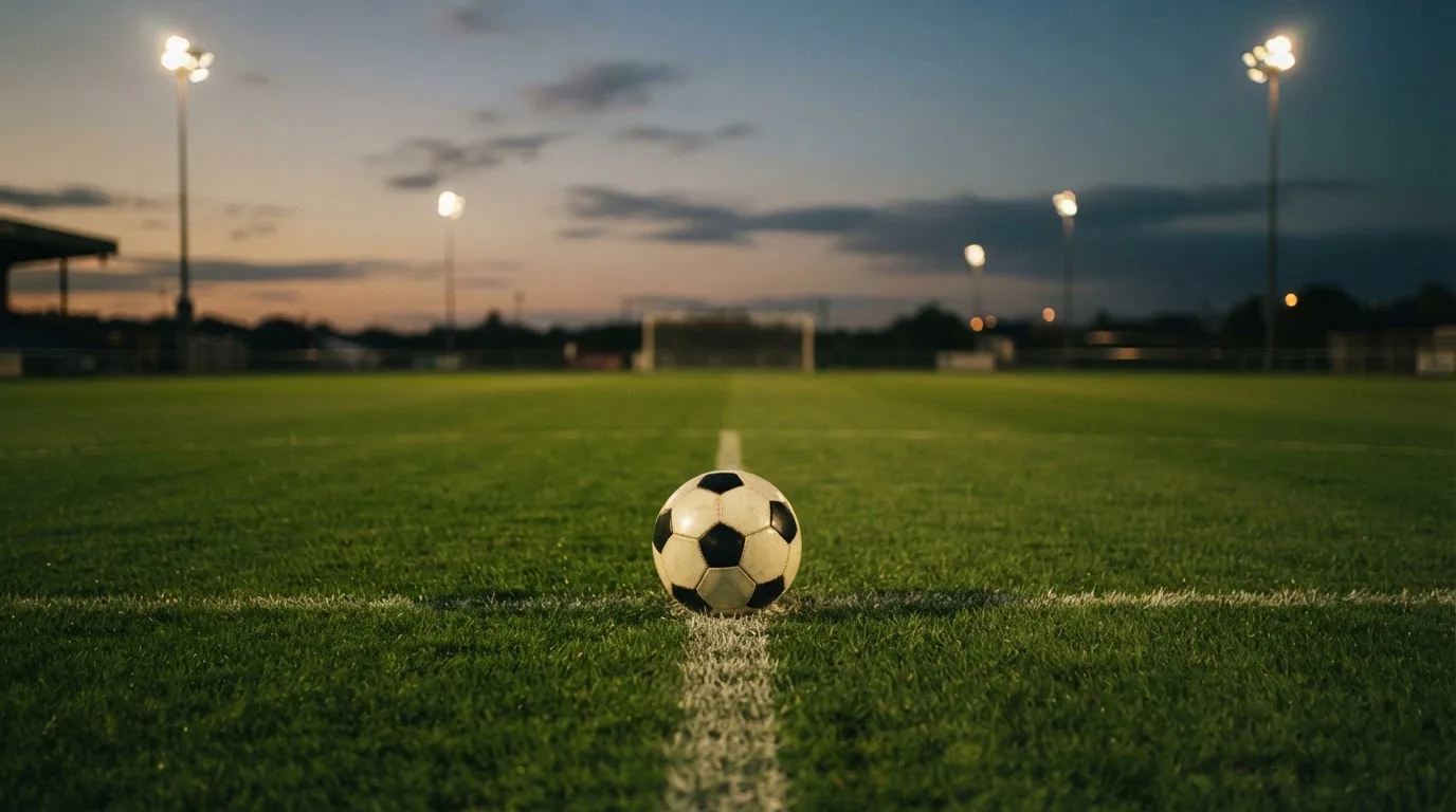 Ein Fußball liegt auf dem Anstoßpunkt eines Rasenplatzes in der Abenddämmerung, Flutlichtmasten stehen unscharf im Hintergrund.