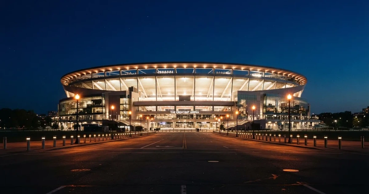 Ein hell erleuchtetes Fußballstadion bei Nacht aus der Ferne gesehen, über dem Dach ein klarer Himmel, davor eine leere Straße.