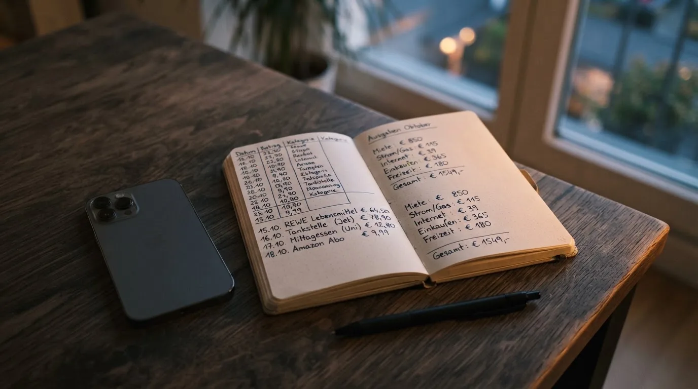 Ein Notizbuch mit handschriftlichen Zahlen liegt neben einem Smartphone mit dunklem Display auf einem Tisch, im Fenster Dämmerlicht.
