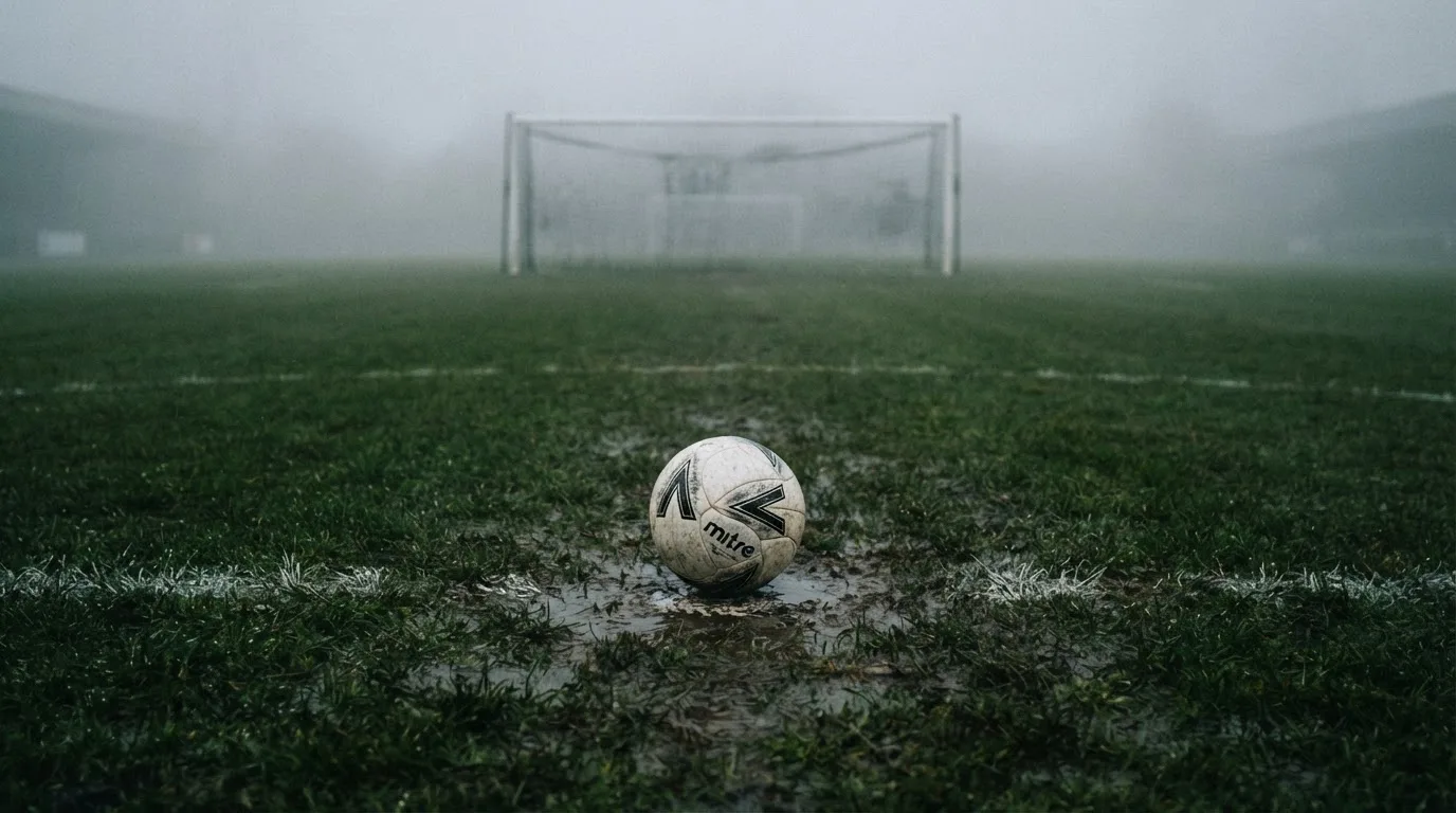 Ein Fußball liegt auf dem Elfmeterpunkt eines nassen Rasenplatzes, im Hintergrund ein leeres Tor im Nebel.
