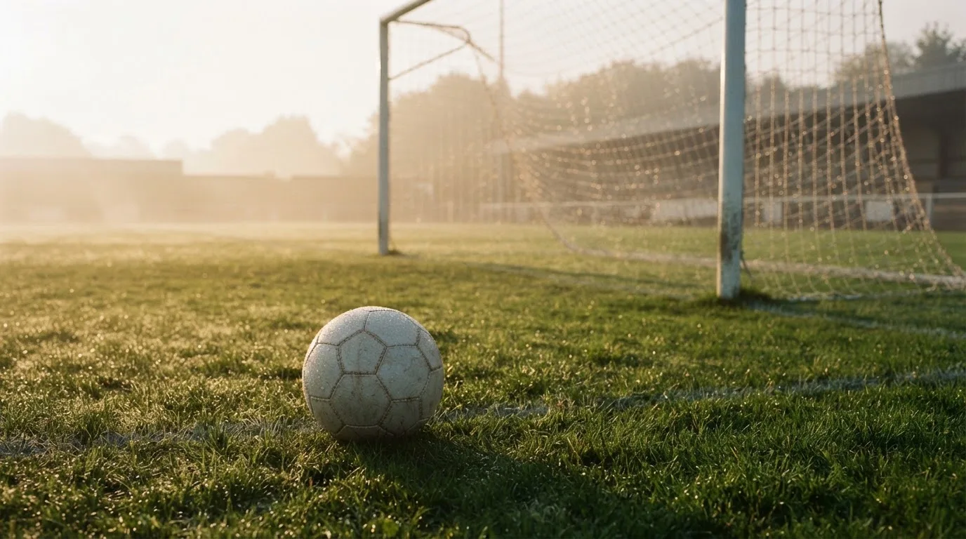 Ein Fußball liegt auf dem Rasen vor einem Tor im Morgennebel, die Netzmaschen sind taufeucht.