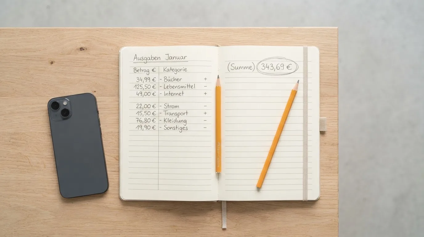 Ein Notizbuch mit handschriftlichen Zahlenreihen liegt neben einem Bleistift und einem Smartphone mit dunklem Display auf einem Tisch.